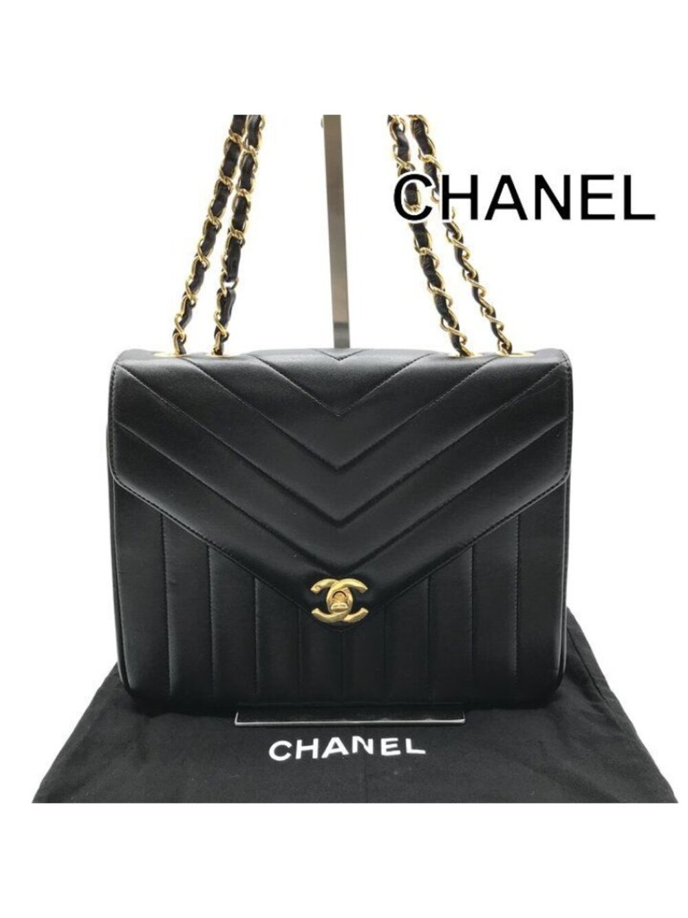 Chanel CC Logo Turnlock Chevron Stitch Leather Chain Shoulder Bag Black